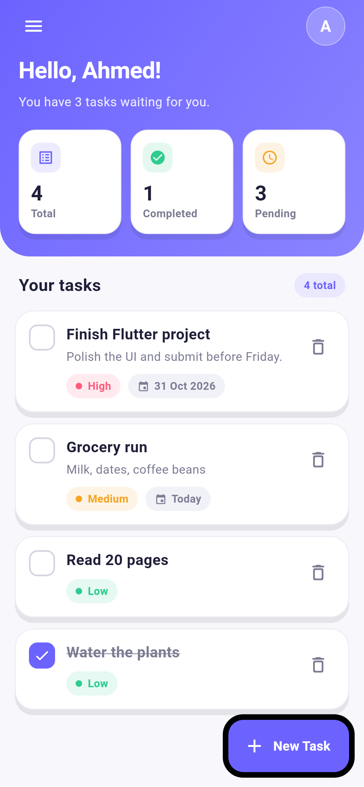 Taskify home screen with task list