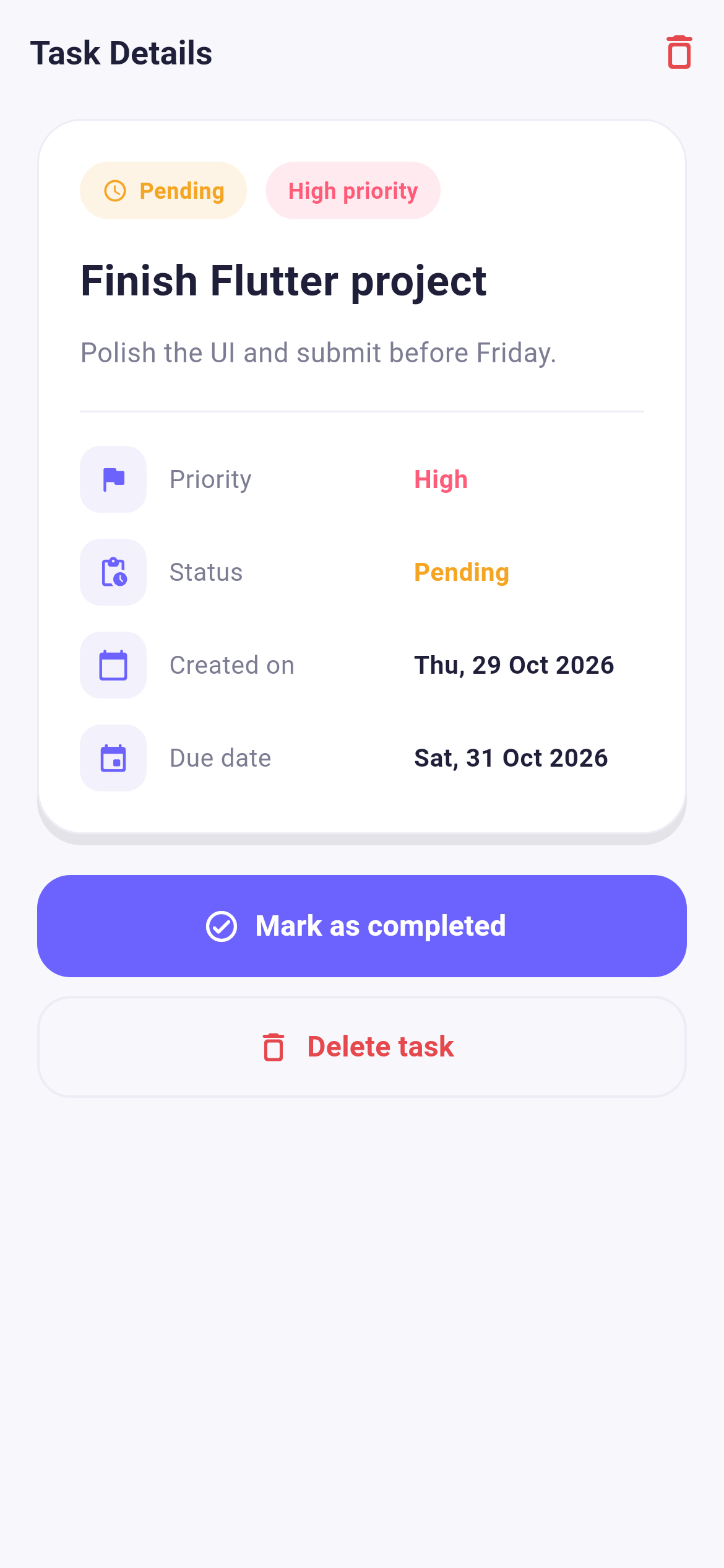 Task details screen