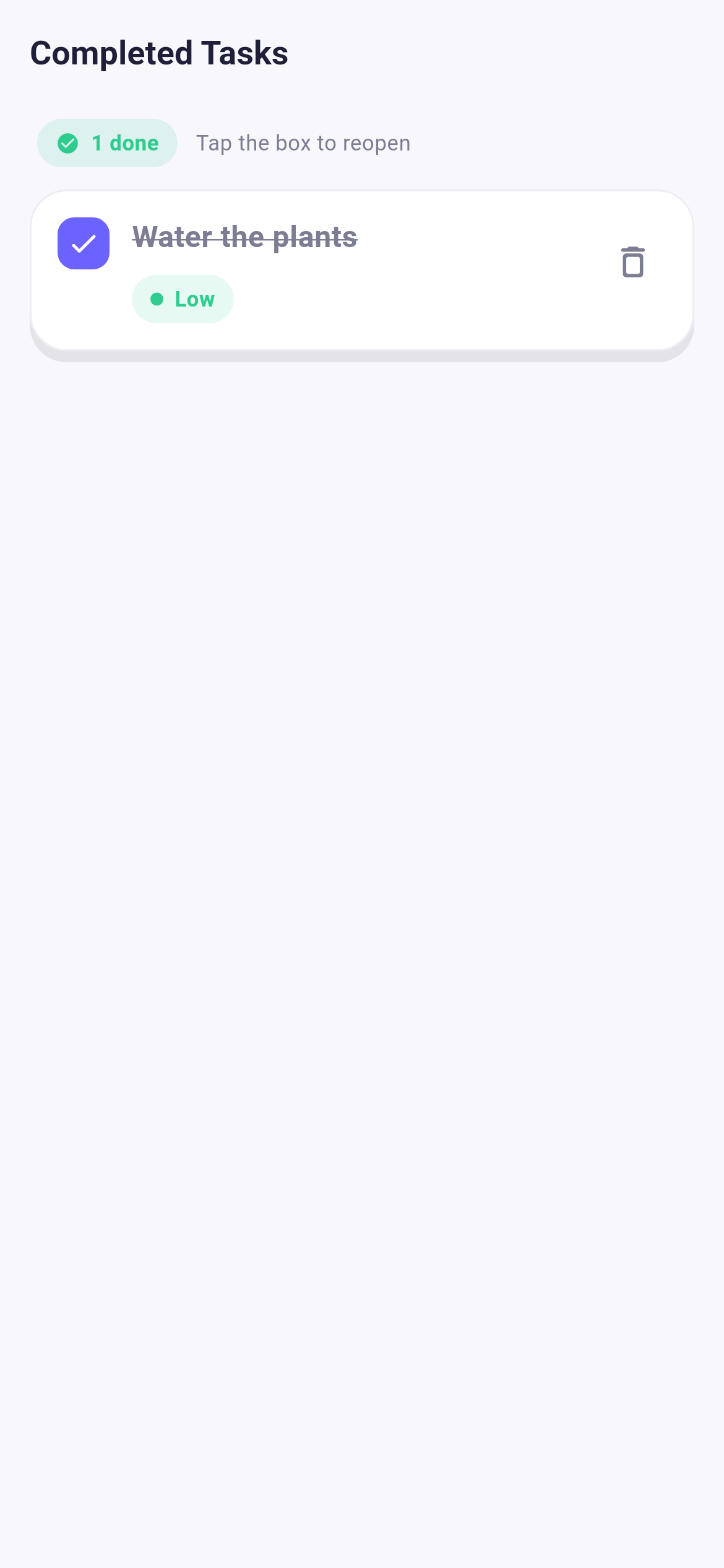 Completed tasks screen